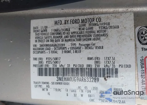 2010 Mercury Milan Premier from USA, damaged, VIN 3MEHM0JG9AR633289